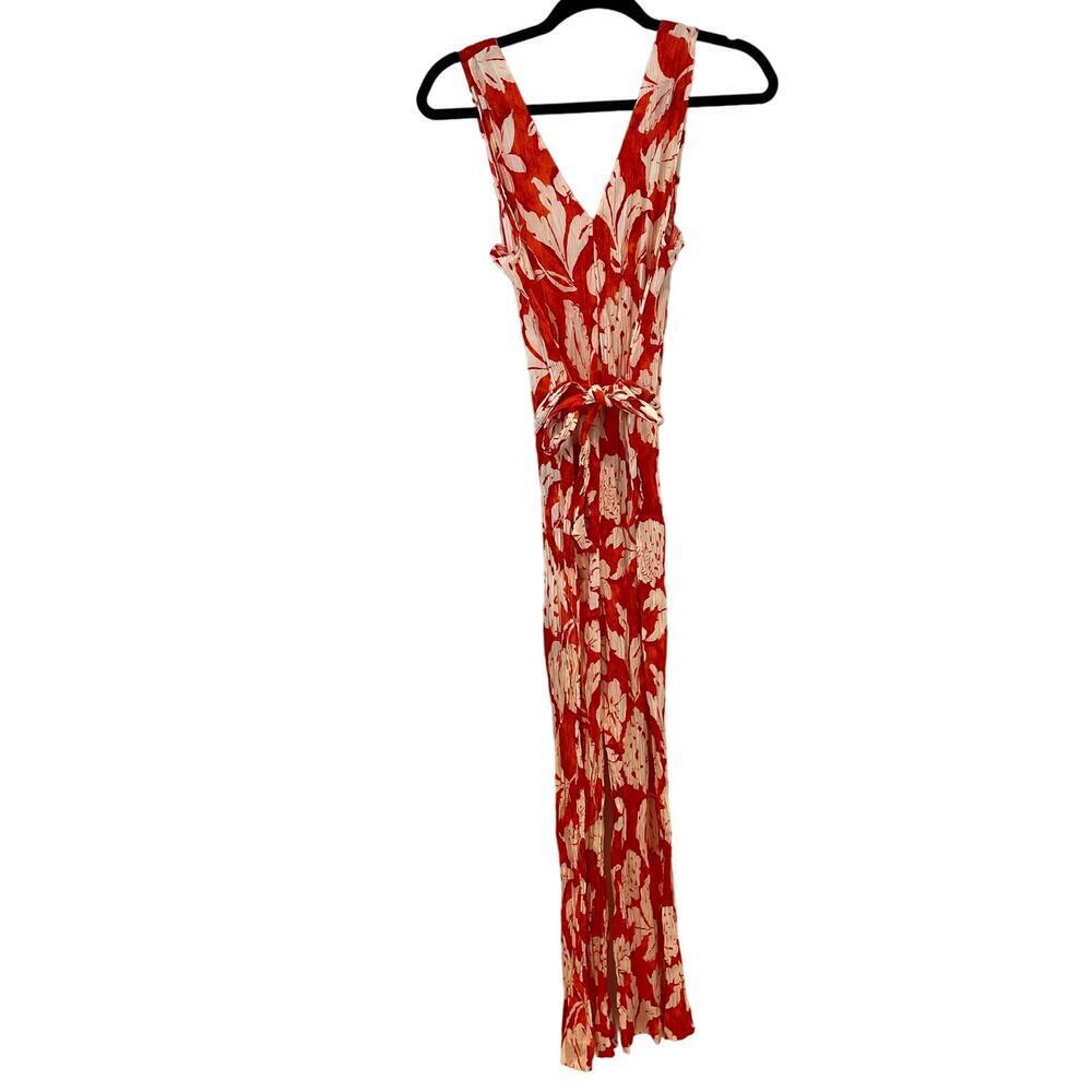 Mango Orange White Floral V-Neckline Flowy Belt Jumpsuit Size Small